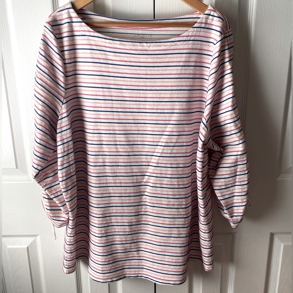 Talbots Pink and Blue Embroidered Stripe Boat Neck Top SZ 2X